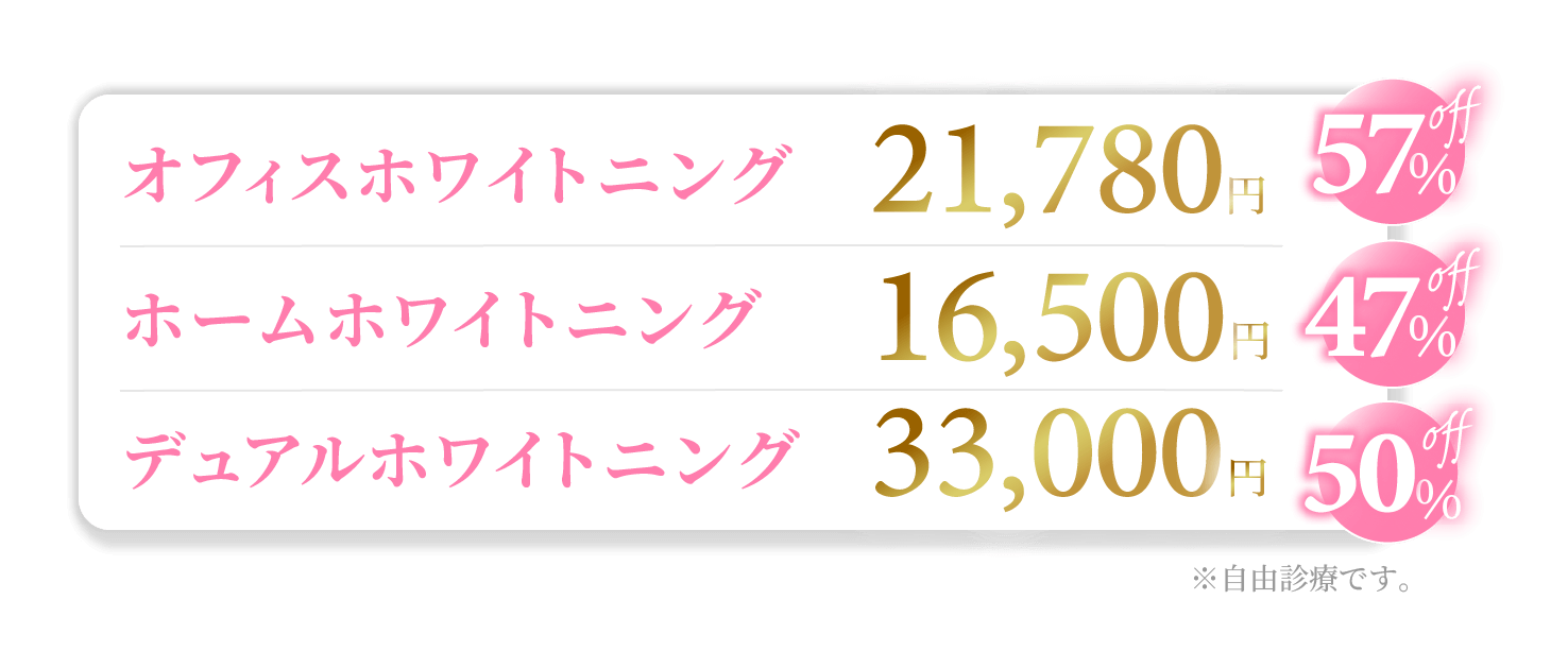 オフィスホワイトニング21,780円(57%off)ホームホワイトニング16,500円(47%off)デュアルホワイトニング33,000円(50%off)
